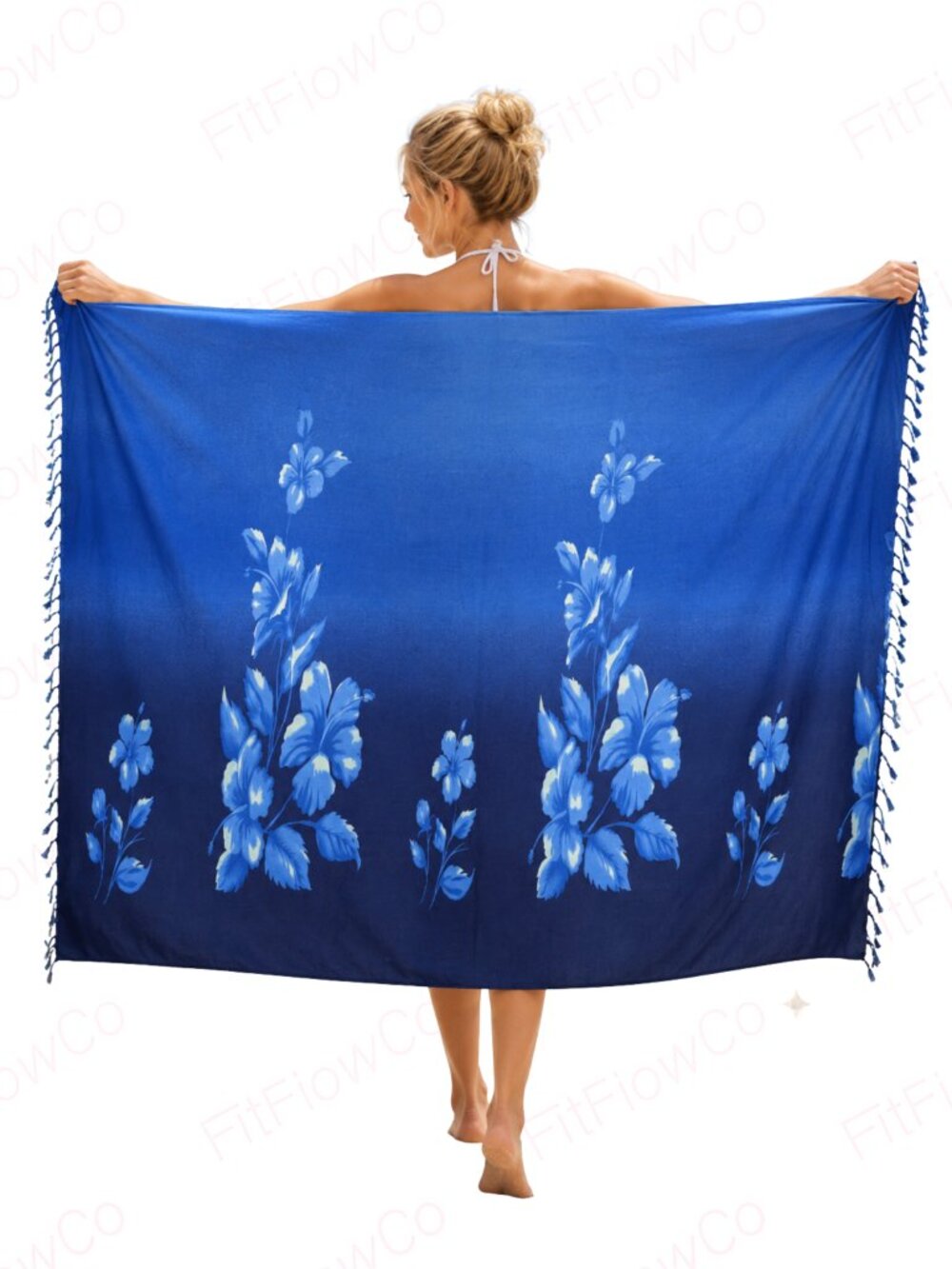Hibiscus Collection Hawaii Blue Floral Rayon Sarong Pareo Wrap Cover-Up Fringe